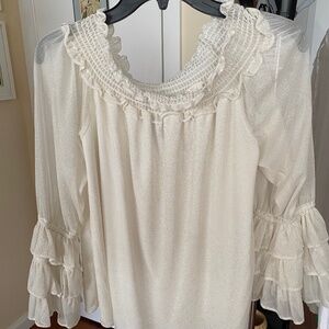 MSK white blouse with sparkles and elastic at neckline